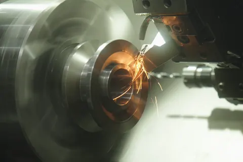 Torno CNC a maquinar uma peça, com faíscas junto à ferramenta